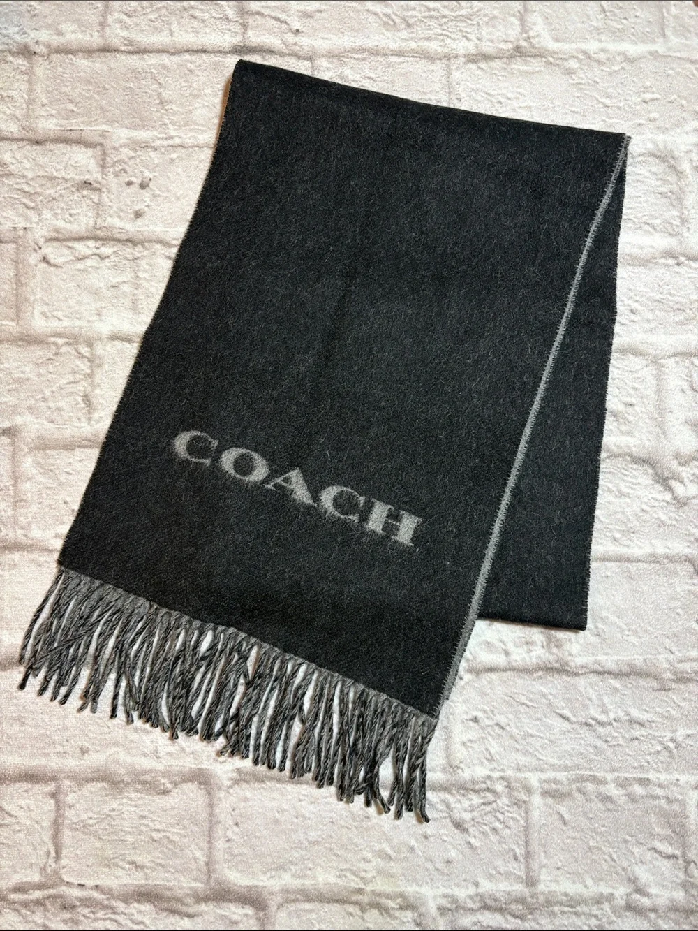 Coach Black and Gray Logo Fringe Scarf